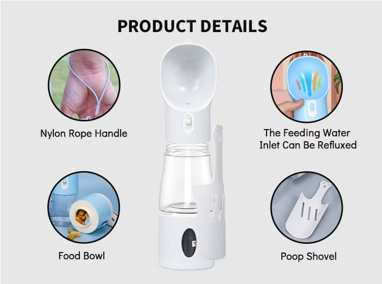 3-in-1 Portable Pet Water Bottle with Food Container & Poop Shovel – Leak-Proof Travel Feeder
